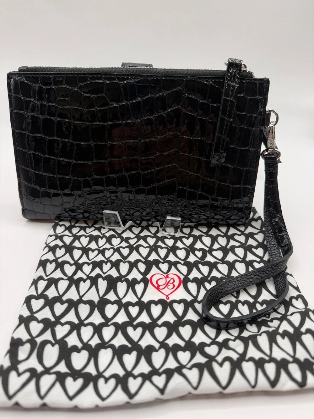 Black Croc-Embossed Wristlet Wallet with Heart Accent
